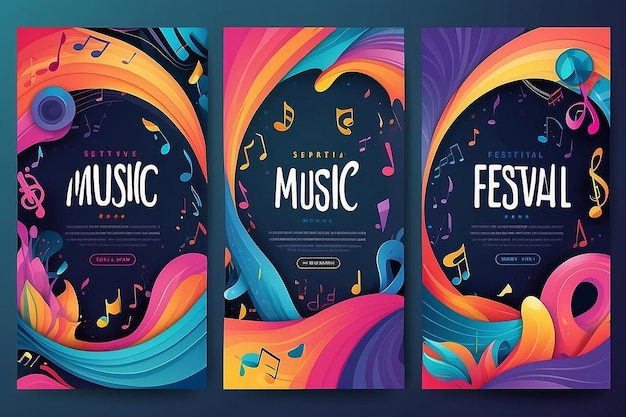 Photo music festival poster abstract colorful instruments waves design template