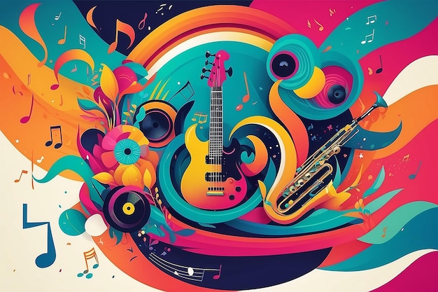 Music festival poster Abstract colorful instruments waves design template