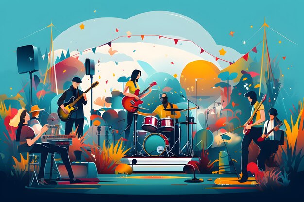 Photo music festivalvector illustrations of musicians people and musical instruments drums cello