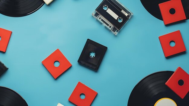 Music flat lay objects with vinyl records and cassette tapes on a blue background Generative AI