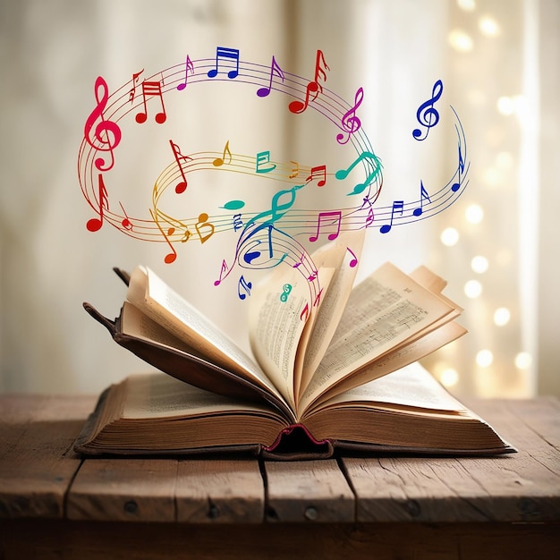 Photo music flowing from book musical symbols flying over tome on wooden table against blurred background