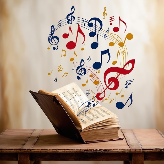 Photo music flowing from book musical symbols flying over tome on wooden table against blurred background