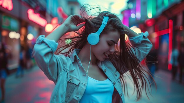 music from headphones young woman Put on headphones and Dancing a with flowing clothes dancing energetically in an urban setting headphones on lost in the music