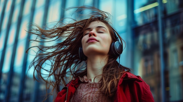 music from headphones young woman Put on headphones and Dancing a with flowing clothes dancing energetically in an urban setting headphones on lost in the music