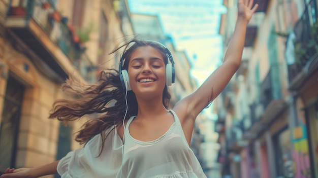 music from headphones young woman Put on headphones and Dancing a with flowing clothes dancing