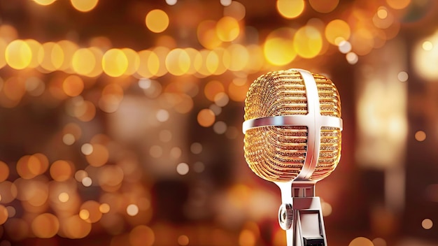 Music holiday composition with golden microphone on blurred concert hall background