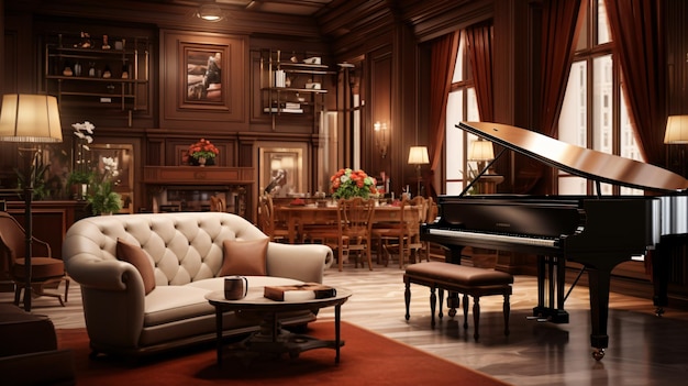 Music lounge interior with cozy furniture and grandroom