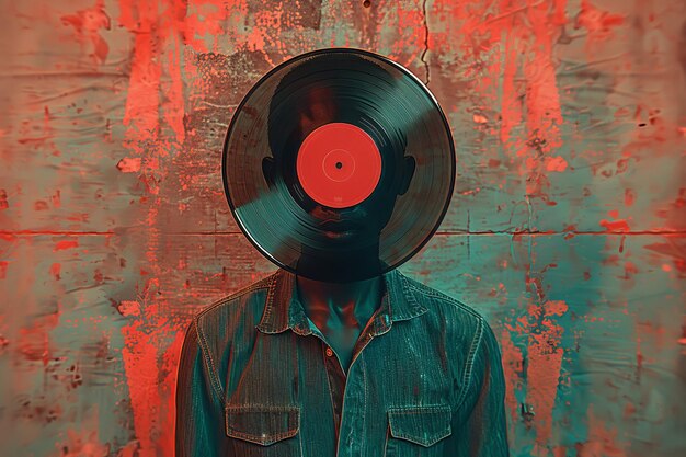 Photo music lover person stands with vinyl record as their head in front of colorful textured wall