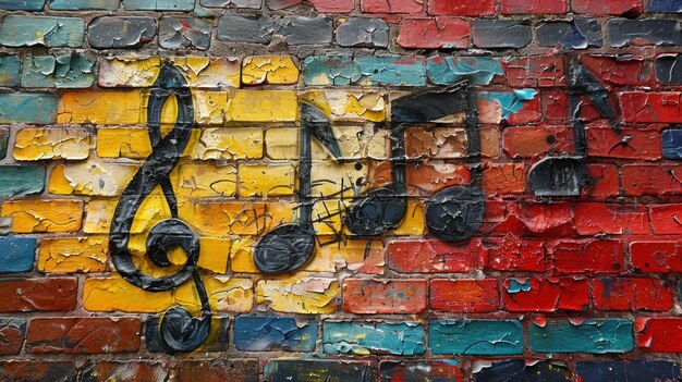 Photo music notes graffiti on brick wall