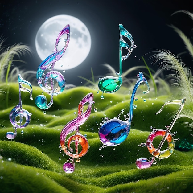 Photo music notes in multicolored splashes of colored liquid on the green grass under the moon