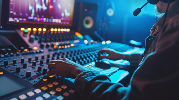 Music producer focuses on mixing board in modern sound studio at night