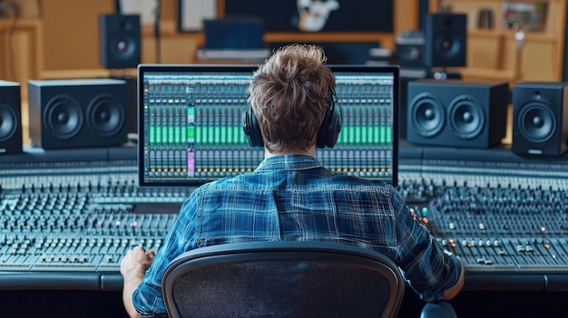 Photo music producer working in a recording studio