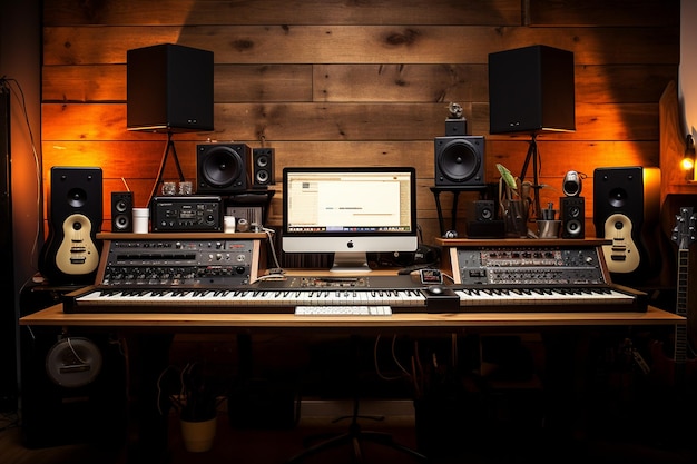 Music producers desk with studio monitors and mixing equipment