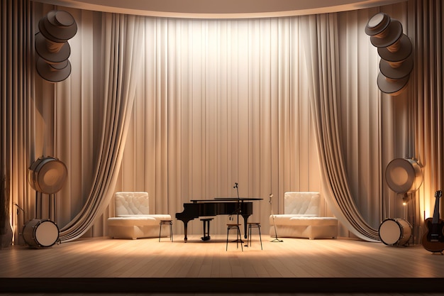 a music room with a builtin stage and retractable curtain