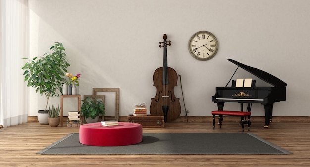 Music room with grand piano and double bass