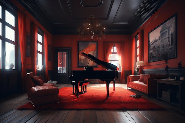 A music room with a piano in the middle of it