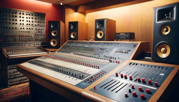 music studio filled with analog recording equipment from tape machines to mixing console