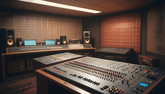 music studio filled with analog recording equipment from tape machines to mixing console