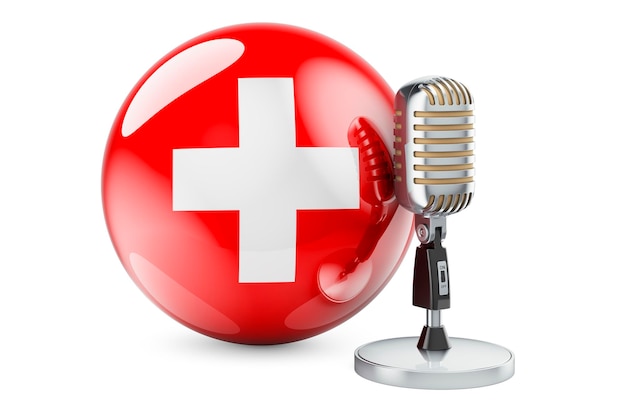 Music of Switzerland concept Retro microphone with Swiss flag 3D rendering