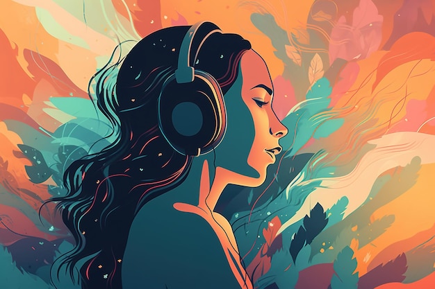 Music therapy concept Side view of woman with closed eyes wearing headphones listening to music abstract illustration Generative AI