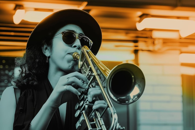 Photo music in town portrait of the female jazz musician she is playing in front of an underground parki