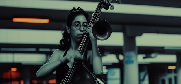 Photo music in town portrait of the female jazz musician she is playing in front of an underground parki