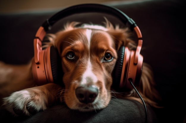 Musical Companion A Dog in Headphones Basks in the Melodies of FourLegged Beats