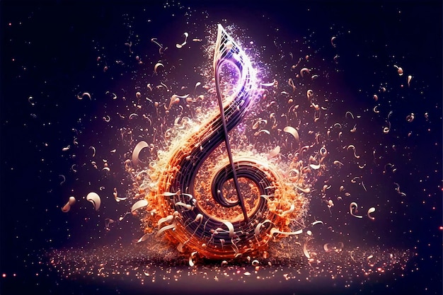 Musical explosion.Ai generated.design with musical explosion and molecules, fire and glitter.