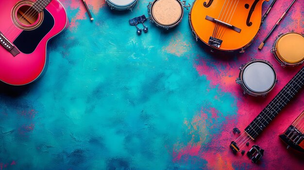 musical instruments on blue background representing International Music Day Celebration Copy space