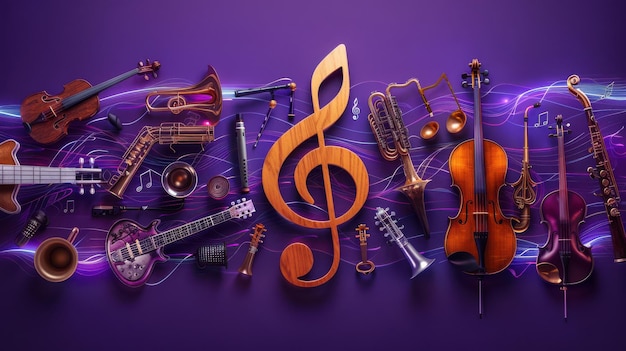 Photo musical instruments and notes on vibrant purple background