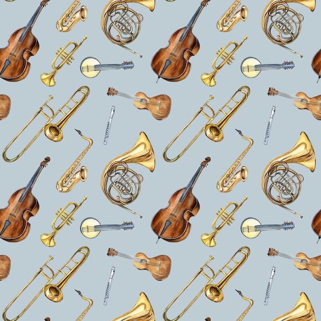 Musical instruments seamless pattern watercolor isolated on blue