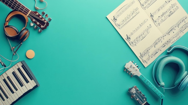 Photo musical instruments and sheet music on turquoise background