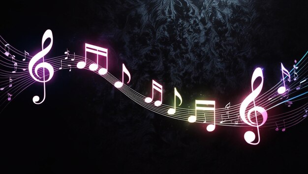 Photo musical notes in the air musical note with waves of light and sound on black background