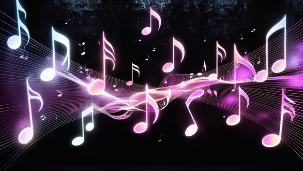 Photo musical notes in the air musical note with waves of light and sound on black background