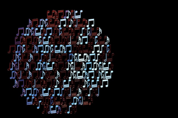 Musical notes and symbols with curves and swirls on a black background 3D illustration