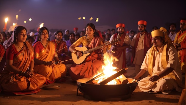 musical performance happening near the Holika Dahan bonfire