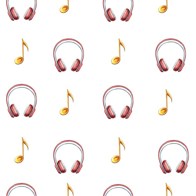 Photo musical seamless pattern with headphones and notes the watercolor illustration is made by hand