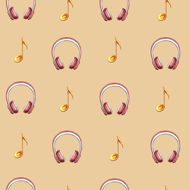 Photo musical seamless pattern with red headphones and notes the watercolor illustration is made by hand