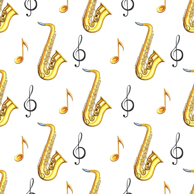 Photo musical seamless pattern with saxophones and notes the watercolor illustration is made by hand