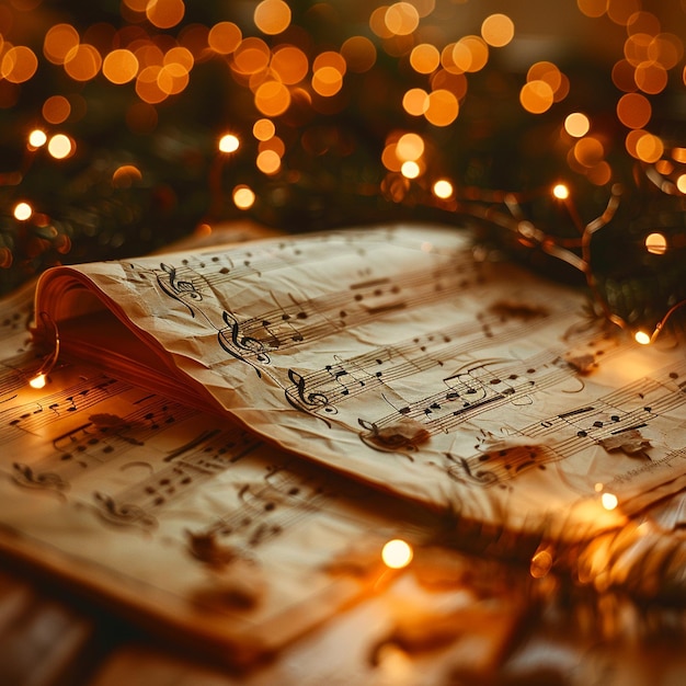 Photo musical sheet with glowing fairy lights