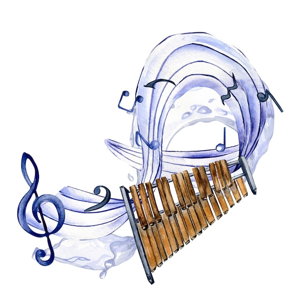 Musical symbols and xylophone watercolor illustration on white