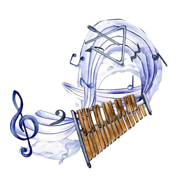 Musical symbols and xylophone watercolor illustration on white