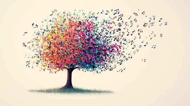 Musical tree with vibrant colors and scattered notes