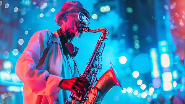 A musician is playing the saxophone in a club The background is blurred with blue and purple lights The musician is wearing a hat and sunglasses