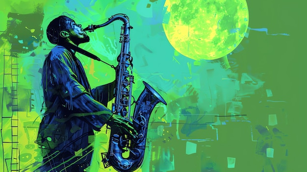 A musician is playing the saxophone under the green moonlight The background is green with a hint of blue The painting is full of energy