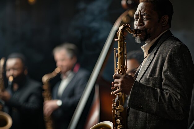 Photo a musician is playing a saxophone in a jazz band showcasing the beauty of this wind instrument in