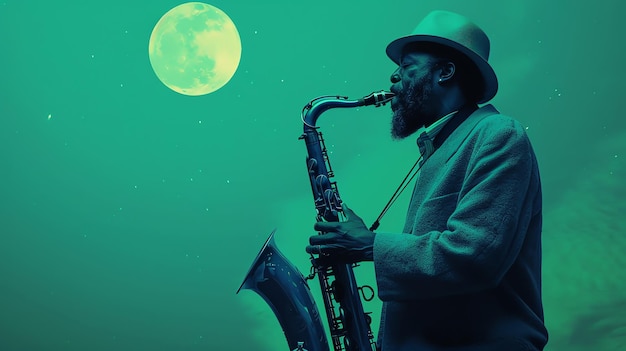 A musician is playing the saxophone under the moonlight The background is dark green with a bright full moon