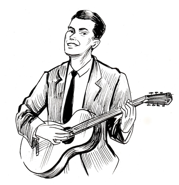 Musician playing an acoustic guitar. Ink black and white drawing