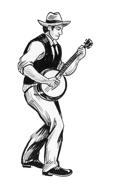 Musician playing banjo. Ink black and white drawing