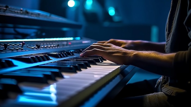 Photo musician playing on the keyboard synthesizer piano keys